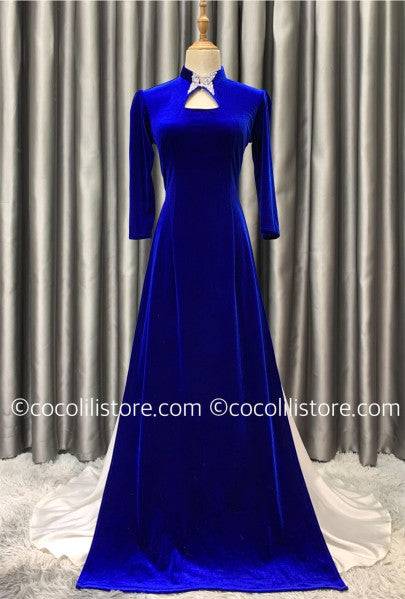 N42 4005 Only áo - Áo dài nhung coban cổ cách điệu đính bướm ngọc