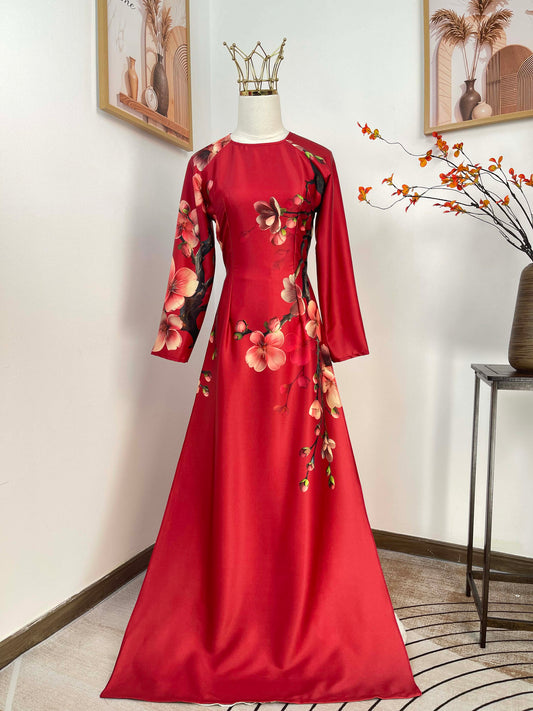 H481 1961 Áo only - Áo dài Tết lụa ánh sao màu đỏ đậm