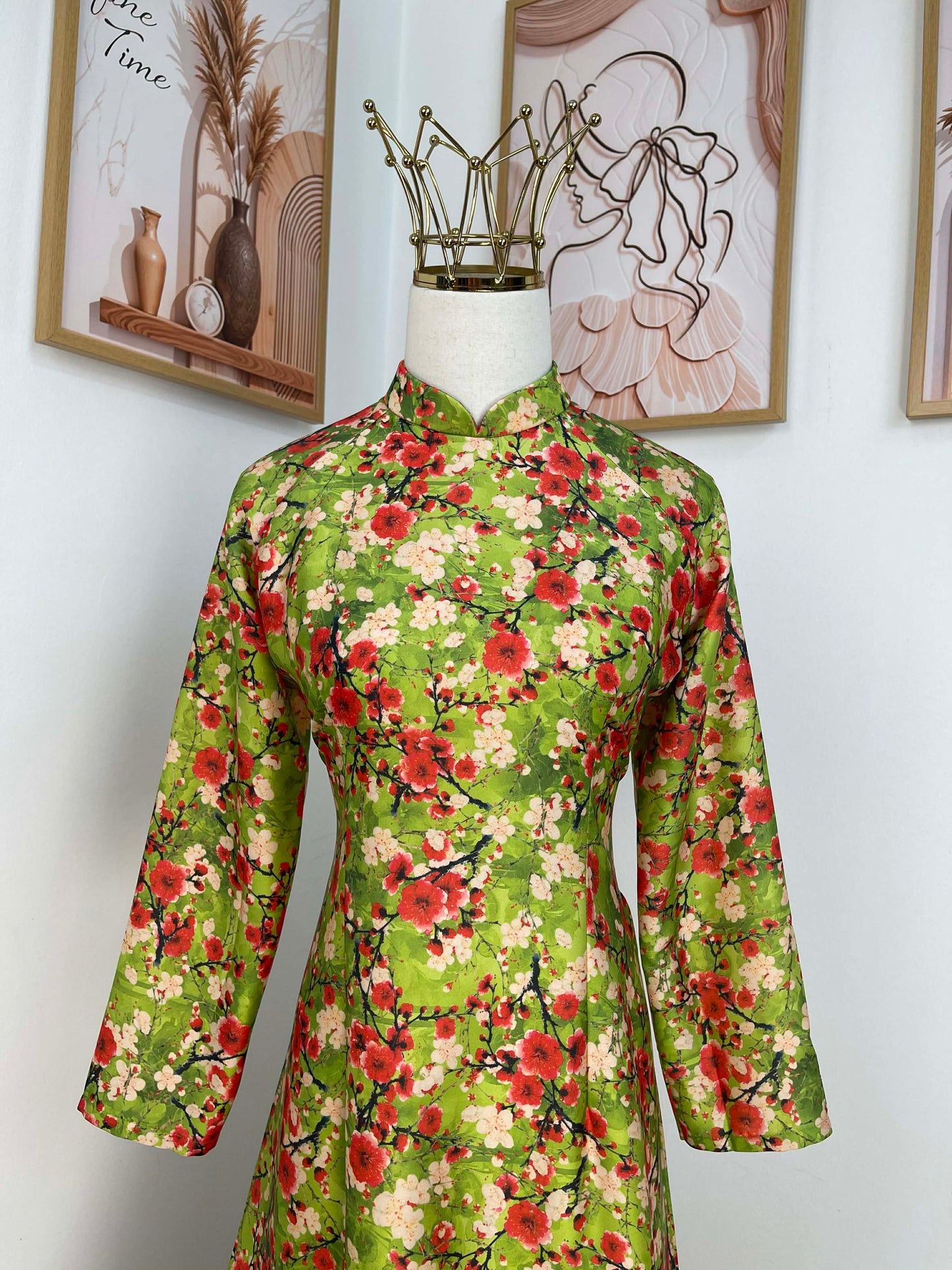 H402 1754 Áo only - Áo dài lụa kim sa phú quý hoa dây màu xanh