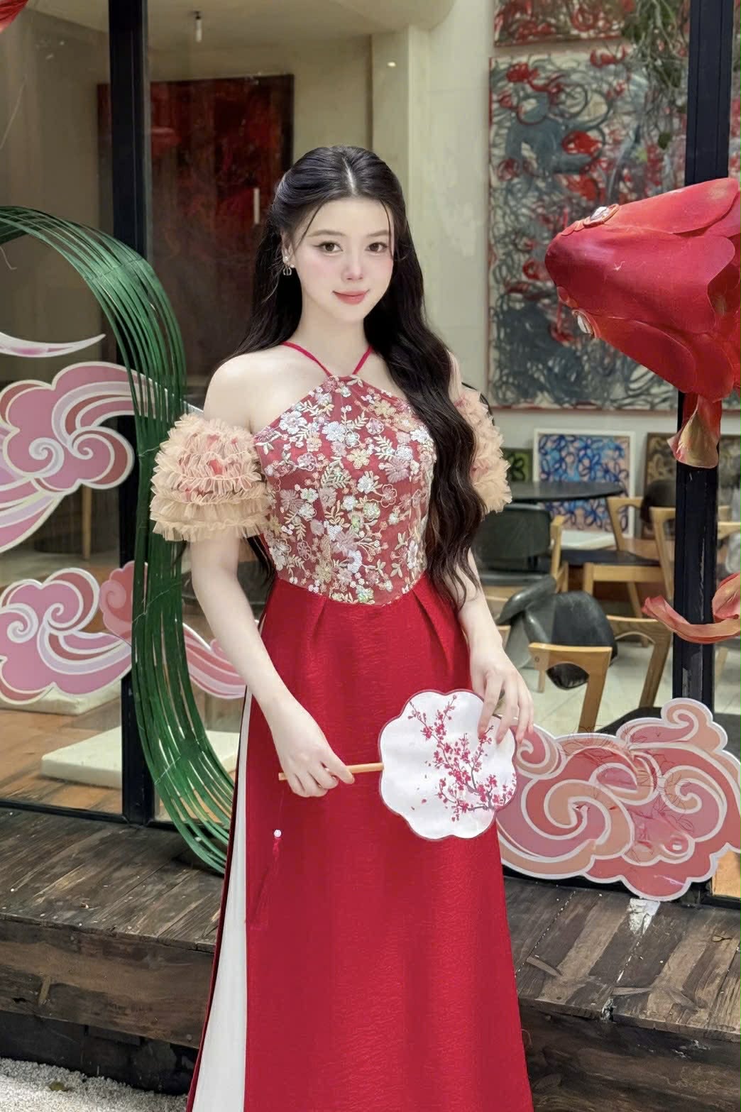 M305 Áo + quần - Áo dài cách tân yếm tay nhún màu đỏ