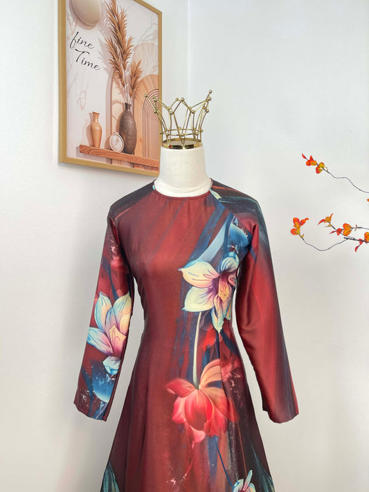 H482 1962 Áo only - Áo dài lụa ánh sao loang đỏ đậm in hoa