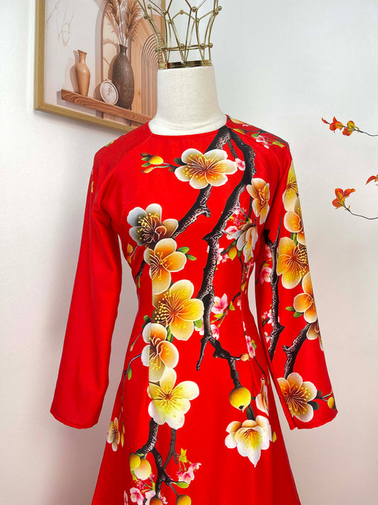 H484 1964 Áo only - Áo dài Tết lụa ánh sao màu đỏ tươi hoa mai