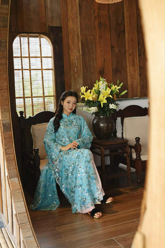 H516 2203 Áo only - Áo dài suông kimsa xanh dương