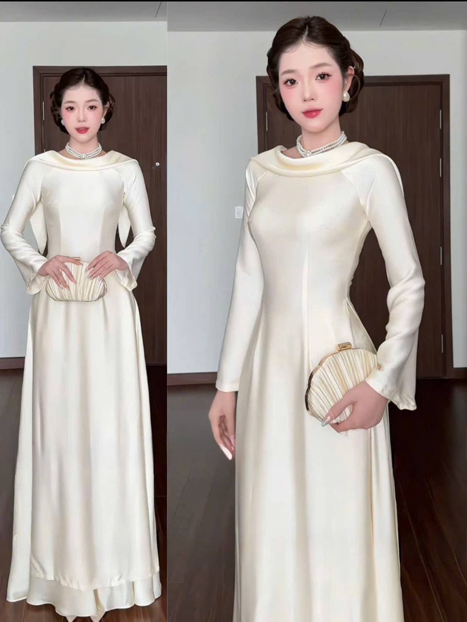 K284 Áo only no pants - Áo dài chiết eo lụa tô châu màu trắng kem