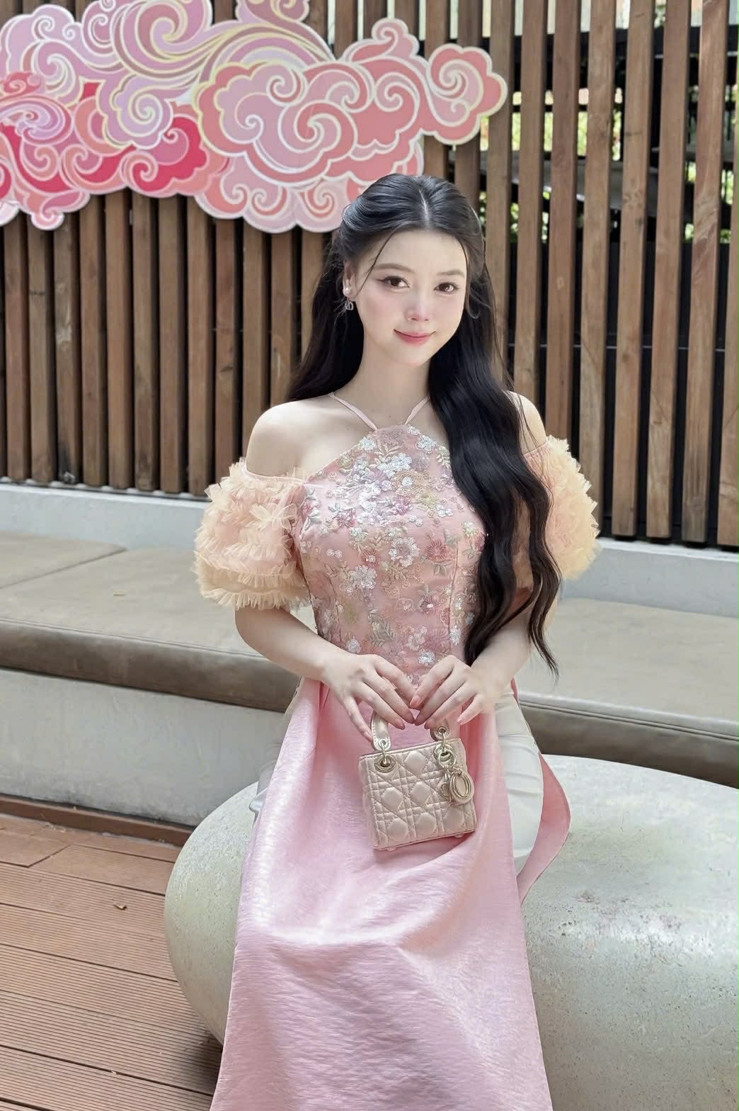 M306 Áo + quần - Áo dài cách tân yếm tay nhún màu hồng