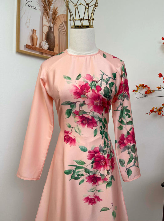 H455 1907 Áo only - Áo dài lụa ánh sao màu hồng