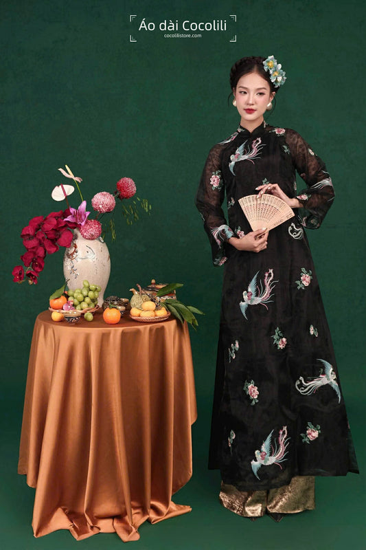 M351 Áo + quần nhũ vàng - Áo dài tơ thêu dáng suông 4 tà