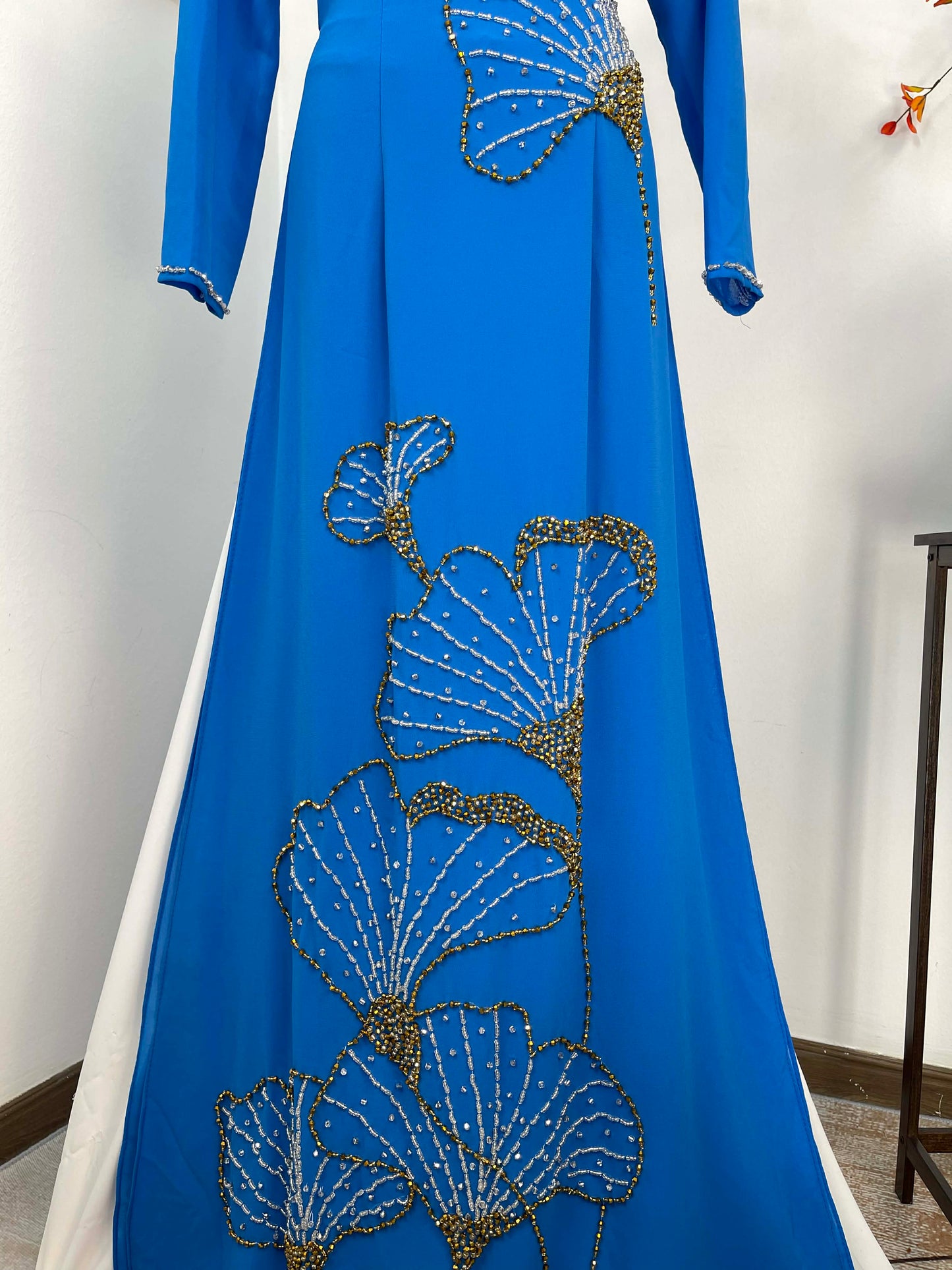 S247 2094 Áo only - Áo dài chiffon thiết kế đính đá màu xanh dương