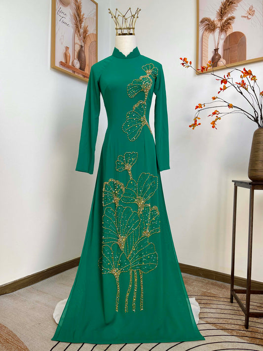 S237 1887 Áo only - Áo dài chiffon 4 tà thiết kế đính đá màu xanh lá