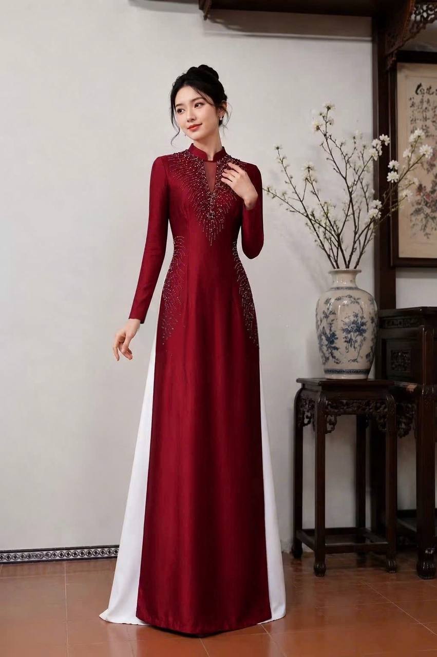 S369 5264 Áo only no pants - Áo dài thiết kế đính kết dáng truyền thống chiết li eo lụa bảo ngọc màu đỏ