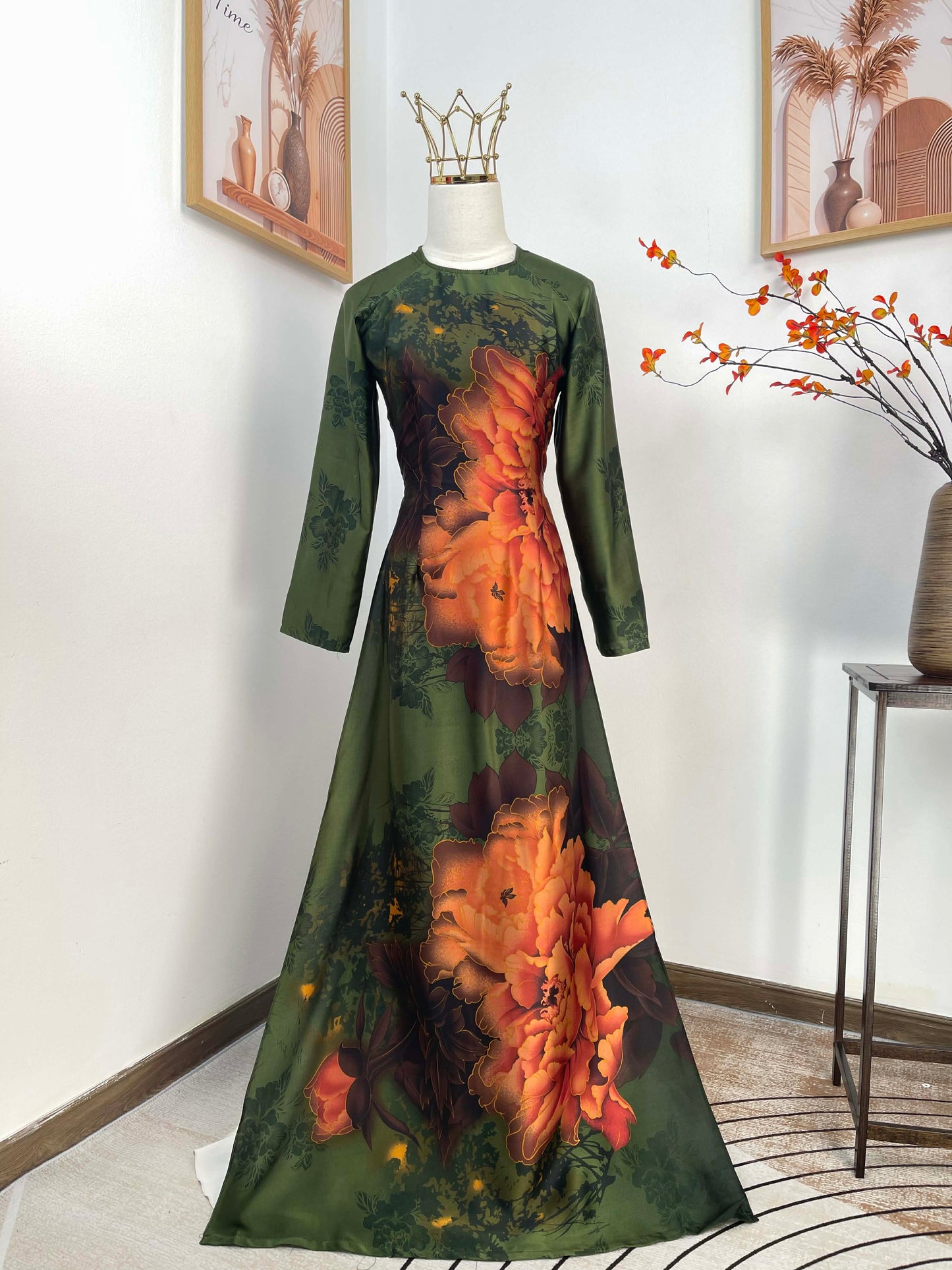 H485 1965 Áo only - Áo dài lụa latinh xanh rêu