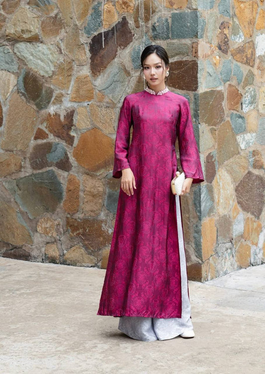 K103 5205 Áo only no pants - Áo dài dáng suông lụa tằm thọ dơi màu hồng tím đính kết
