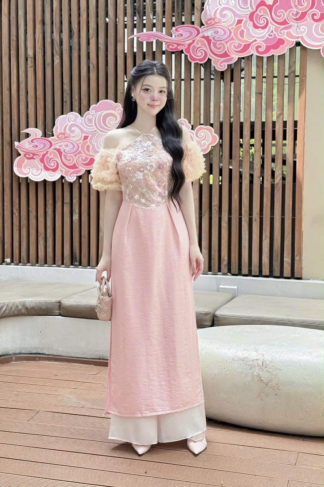 M306 Áo + quần - Áo dài cách tân yếm tay nhún màu hồng