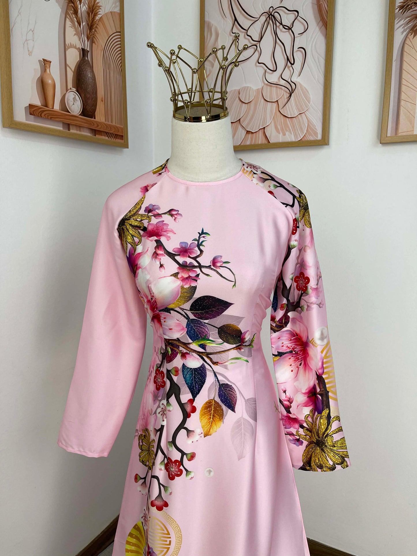 H424 1771 Áo only - Áo dài lụa kim sa phú quý màu hồng