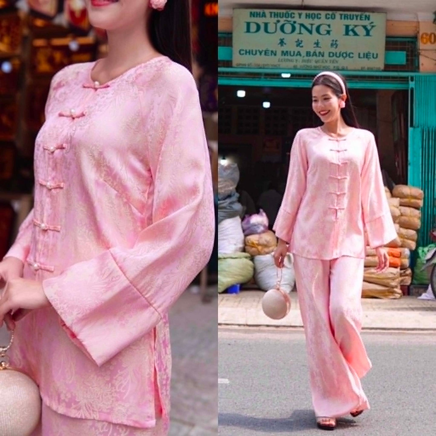 BB263 4507 - Set bà ba lụa gấm màu hồng dâu