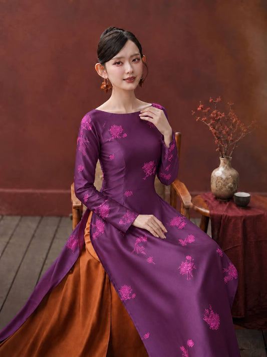 K183 5696 Áo only no pants - Áo dài dáng truyền thống lụa tằm sen dạ cúc màu tím cẩm