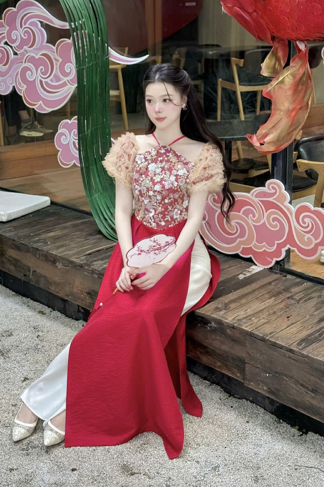 M305 Áo + quần - Áo dài cách tân yếm tay nhún màu đỏ