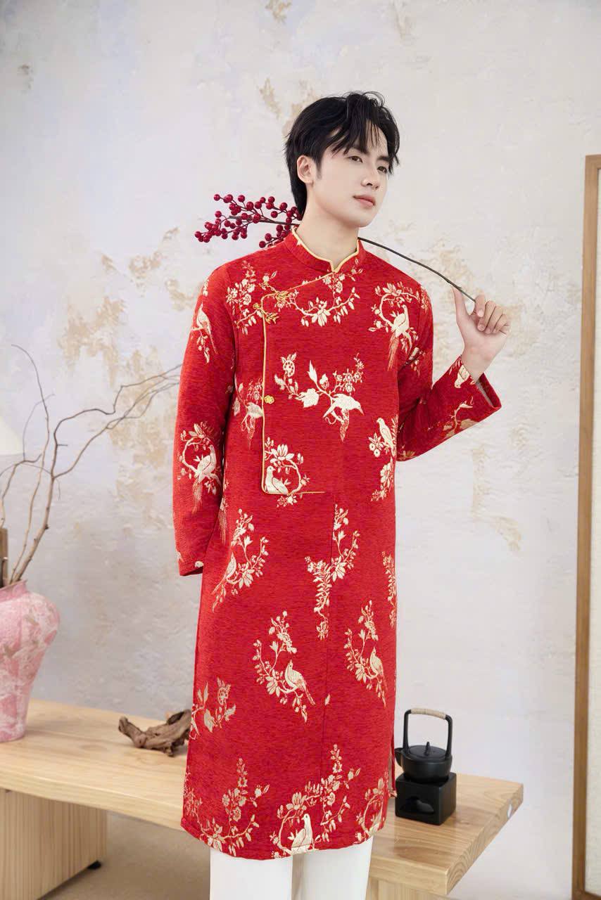 B206 5906 - Áo dài nam đỏ nhung nhũ