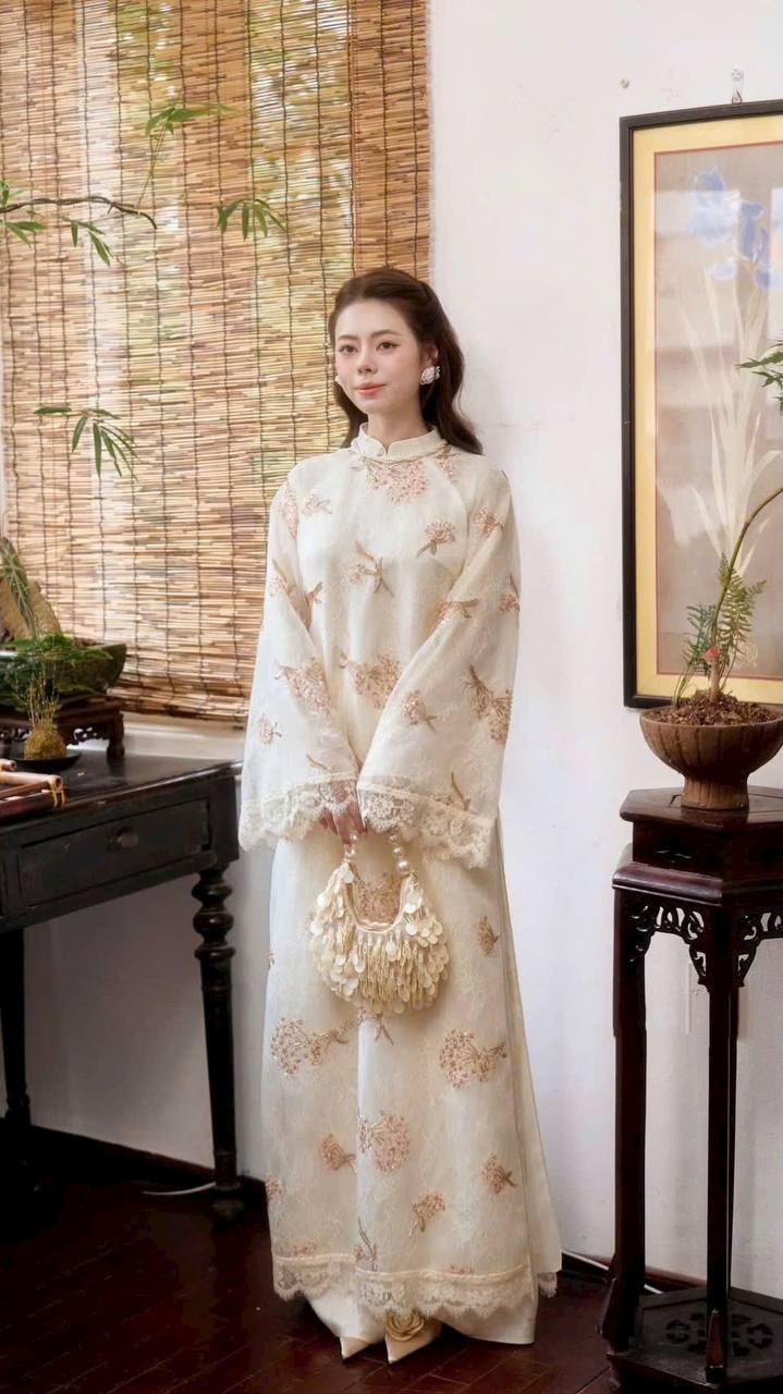TN139 Áo + quần - Áo dài dáng suông 4 tà lót ren cao cấp