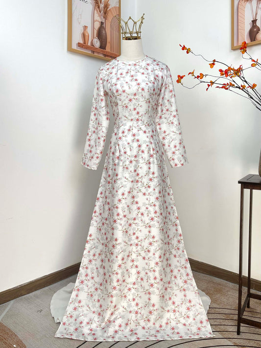 H479 1959 Áo only - Áo dài lụa ánh sao màu trắng hoa nhí hồng