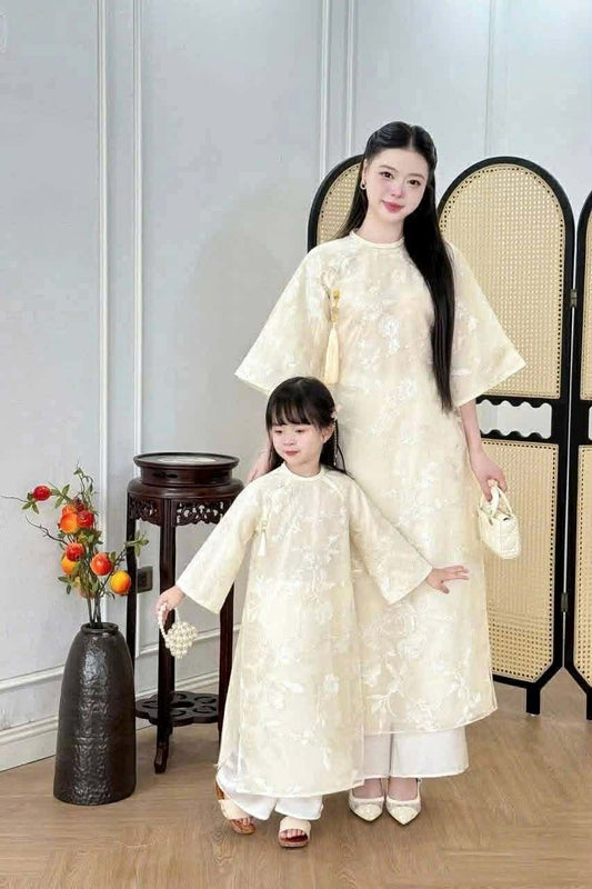 H418 1946 Áo only - Áo dài mẹ tơ trắng tuyết mai