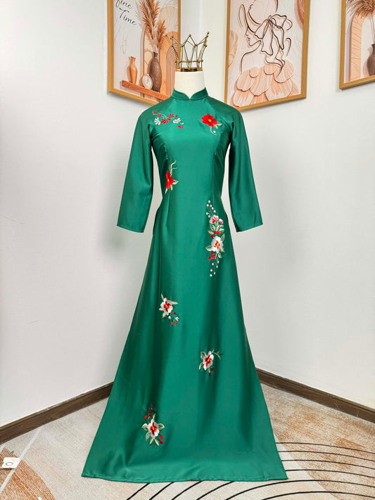 H411 1944 Áo only - Áo dài lụa ánh sao thêu màu xanh