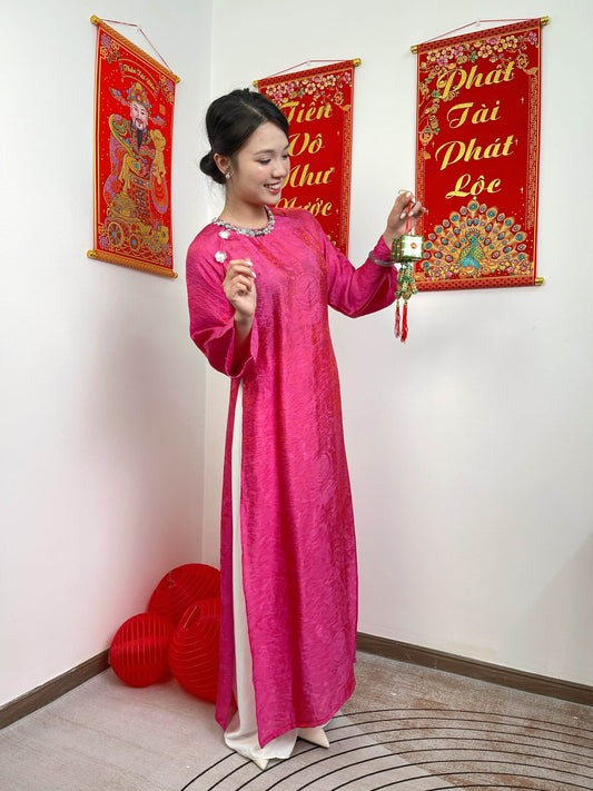 H518 2293 only áo - Áo dài dáng suông 2 tà tằm tencel màu hồng sen