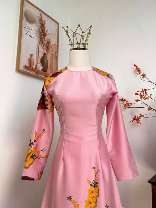 H419 1947 Áo only - Áo dài lụa ánh sao màu hồng