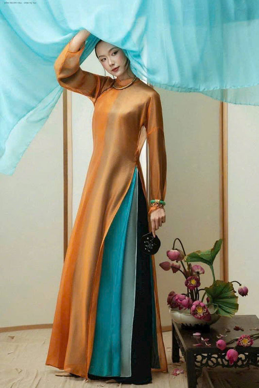 K179 5674 Áo + choàng ngoài (no pants) - Áo dài dáng suông tơ óng
