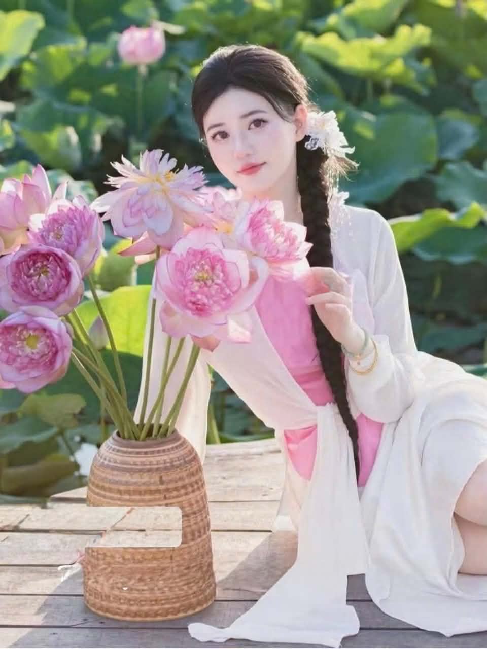 Y23 4368 - Set áo yếm tứ thân màu hồng áo khoác tơ trắng