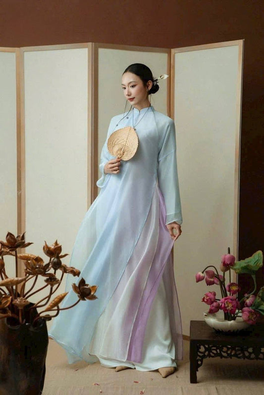 K180 5697 Áo + áo choàng (no pants) - Áo dài dáng suông tơ óng