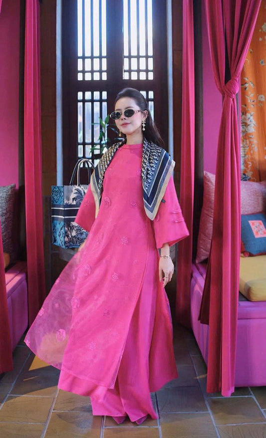 TA22 5484 Áo only no pants - Áo dài dáng suông tơ thêu 4 tà màu Hồng sen