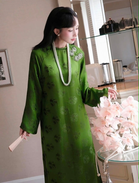 HD153 4378 Áo + quần mã não - Áo dài dáng suông 4 tà lót ren lụa nha xá