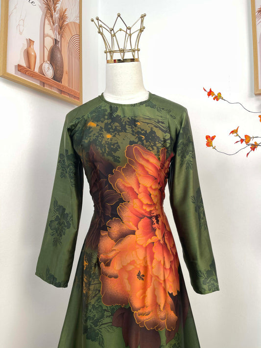 H485 1965 Áo only - Áo dài lụa latinh xanh rêu