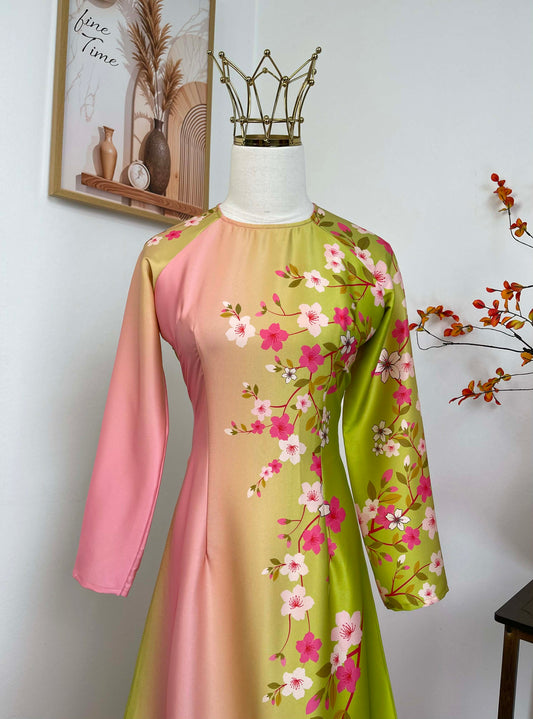 H452 1901 Áo only - Áo dài lụa ánh sao màu hồng đào