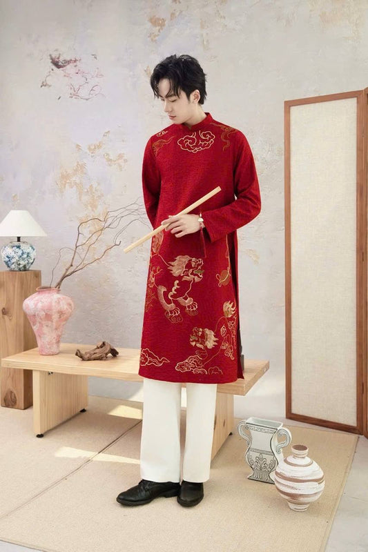 B204 5905 - Áo dài nam thêu màu xanh đỏ