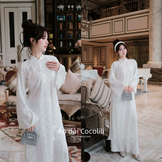 H526 Áo + quần - Áo dài kimsa màu trắng