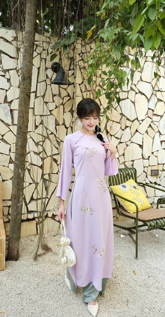 K131 Áo only no pants - Áo dài cách tân 2 tà thêu màu tím cà