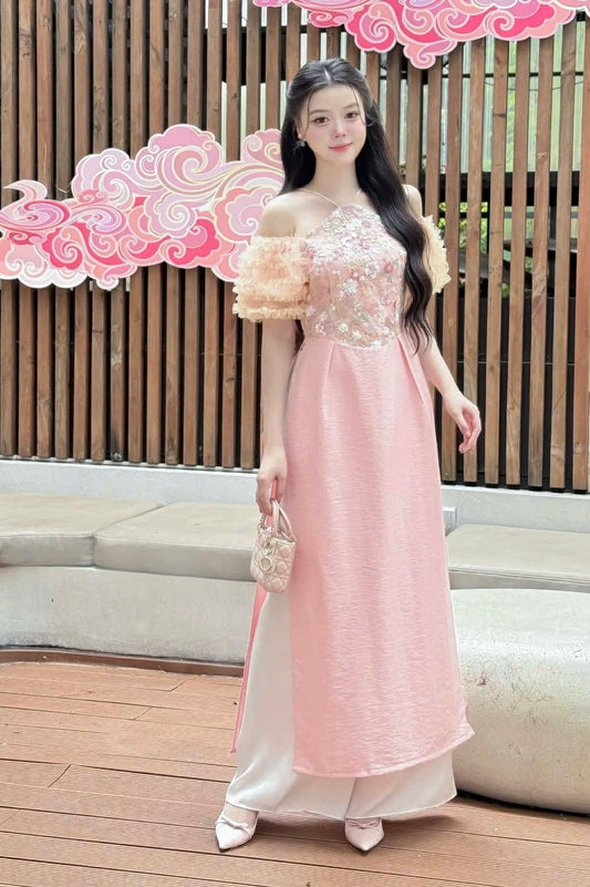 M306 Áo + quần - Áo dài cách tân yếm tay nhún màu hồng