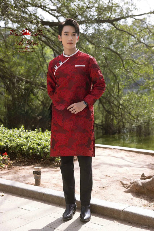 B180 5348  - Áo dài nam gấm màu đỏ