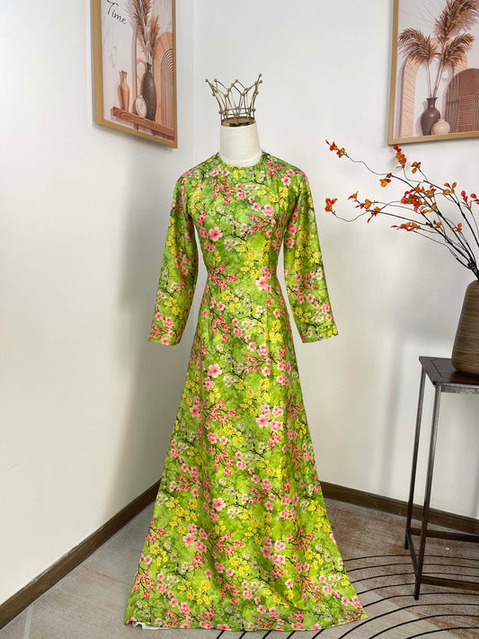 H480 1960 Áo only - Áo dài lụa ánh sao hoa đào màu xanh lá