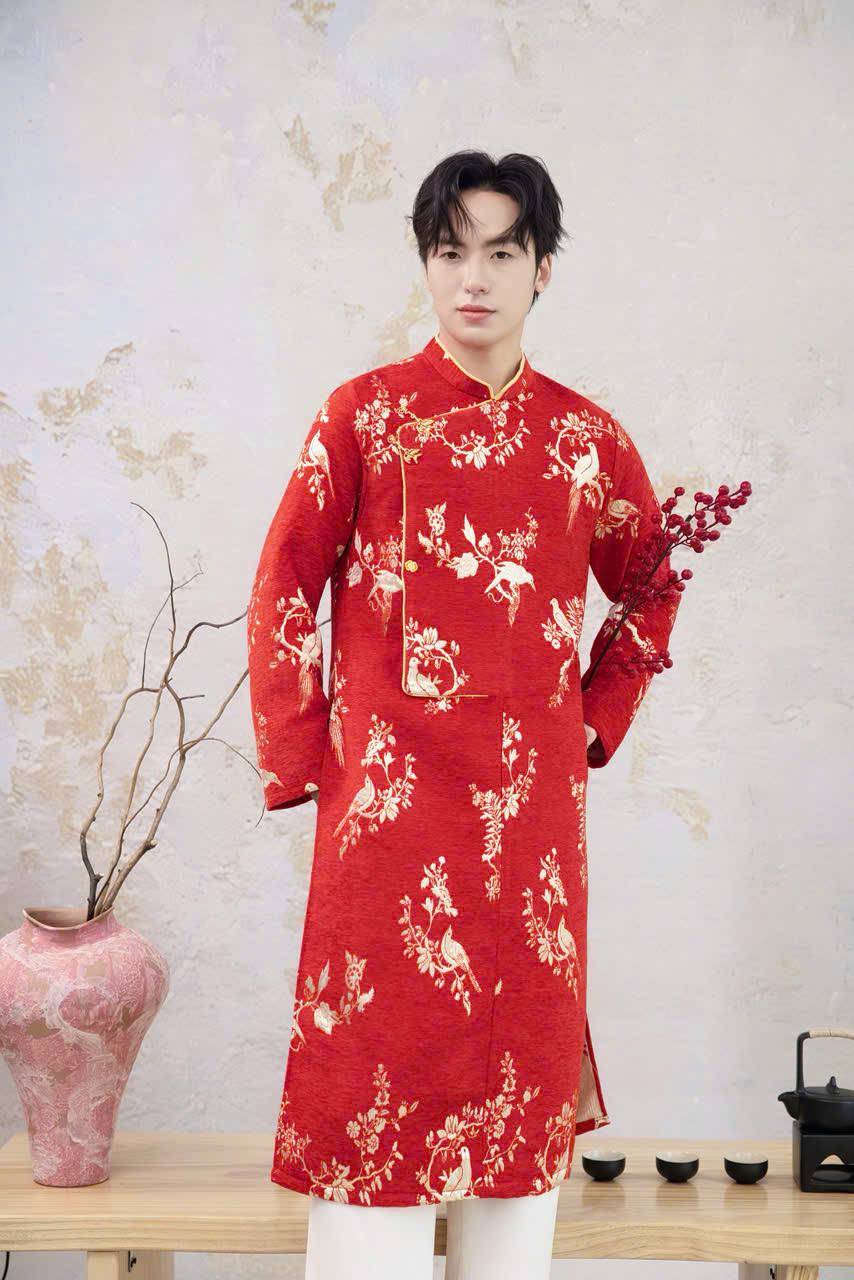 B206 5906 - Áo dài nam đỏ nhung nhũ