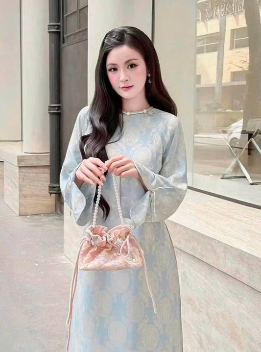 K156 5725 Áo only no pants - Áo dài dáng suông lụa gấm thọ dơi màu xanh xám