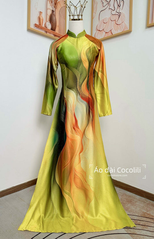 H643 Áo only no pants - Áo dài dáng truyền thống chiết li màu xanh cốm