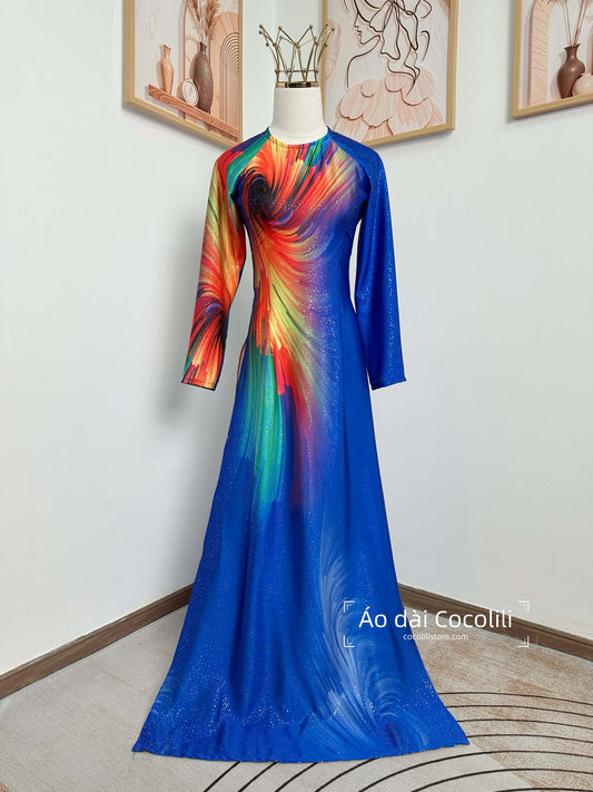 H644 Áo only no pants - Áo dài dáng truyền thống chiết li màu xanh coban