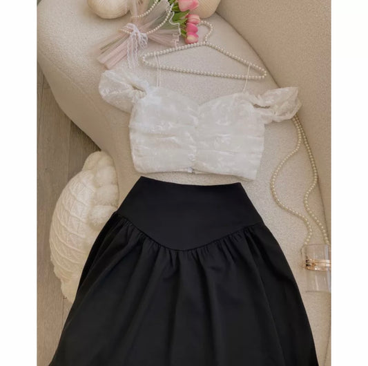 VX06 VX07 4354 - Set áo trễ vai croptop + chân váy