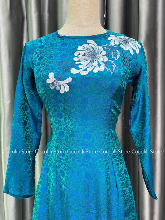 HD17 1937 Áo Only - Áo dài lụa tơ tằm hà đông thêu màu xanh cổ vịt