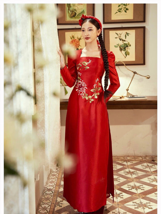 BL119 Bộ áo dài - Áo dài Mẹ màu đỏ tafta
