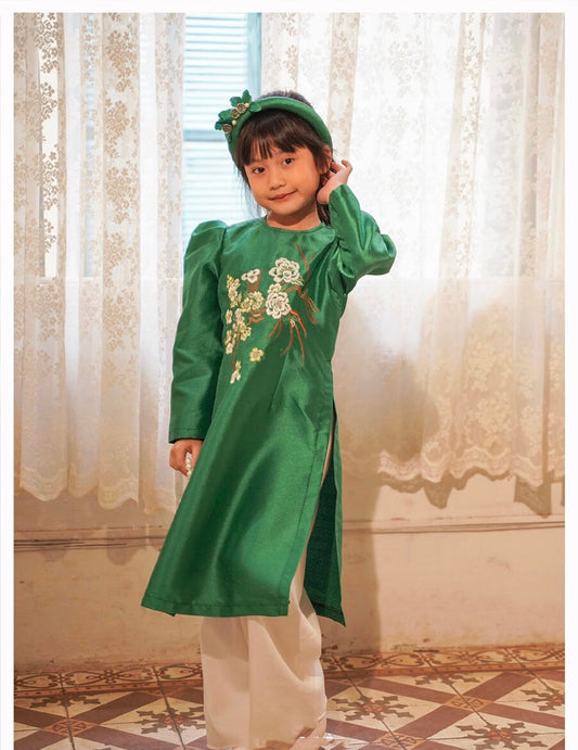 BL128 4817 Áo + quần - Áo dài bé Gái màu xanh lá tafta