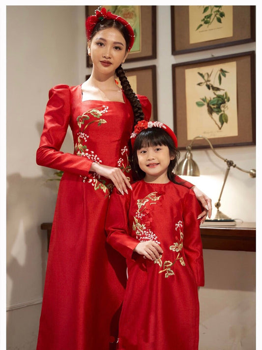 BL127 Áo + quần - Áo dài bé Gái màu đỏ tafta